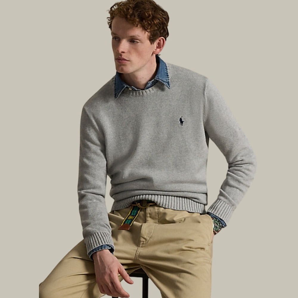 Polo Ralph Lauren Sweater Mens XL Gray Cotton Knit Crewneck Pony Logo Pullover